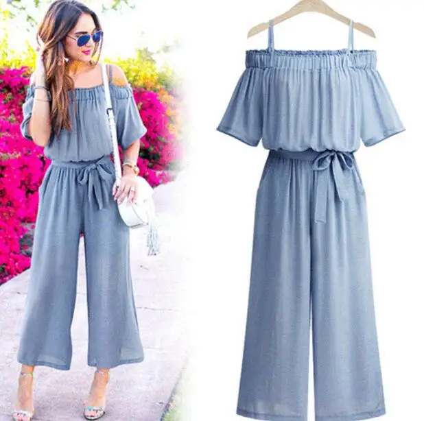 Women ruffles new Size sling jumpsuits ladies summer Fashion Casual  style drawstring bow tied Loose overalls trousers