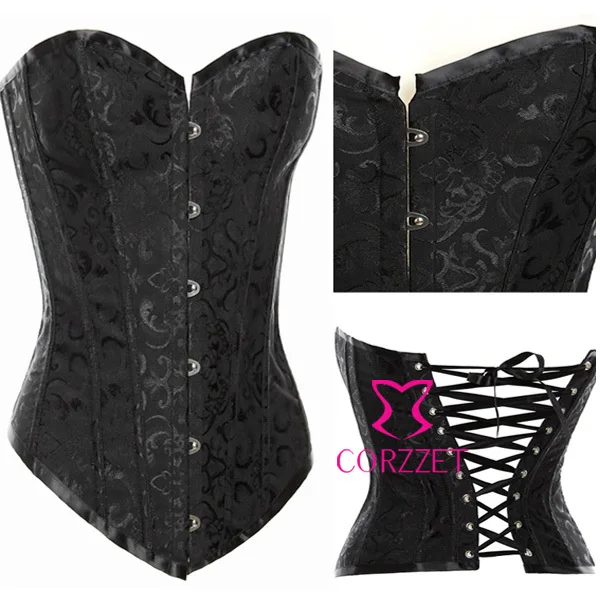 Высокое качество жаккард сатин Готический сексуальный черный пуш ап корсеты и