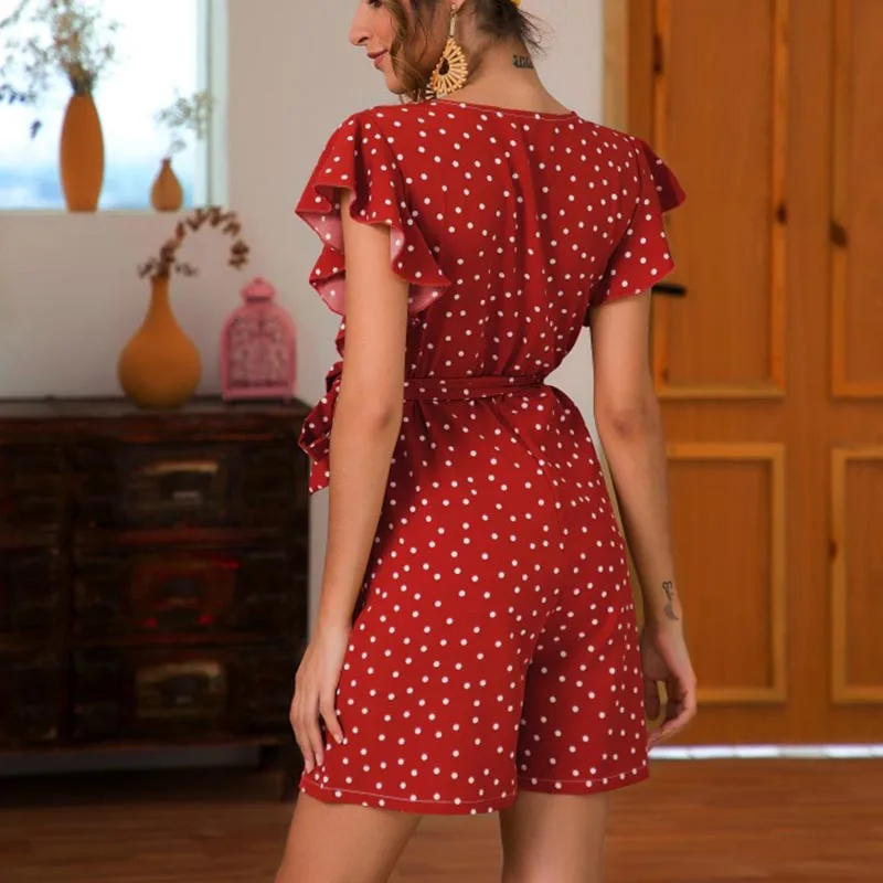 Женский комбинезон в горошек с v-образным вырезом и оборками на рукавах высокой