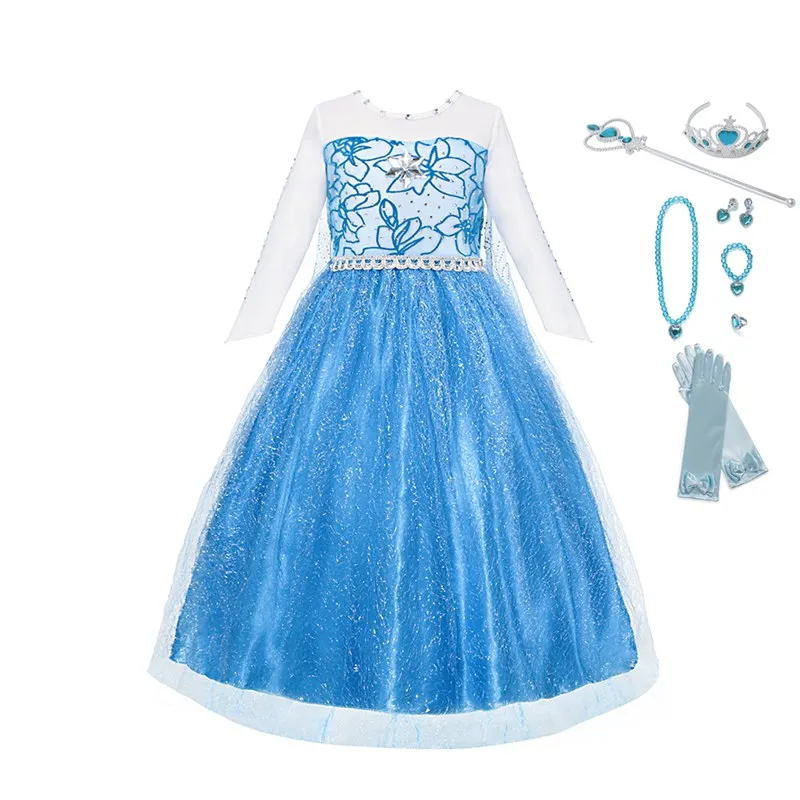 Dress with Acc 02 Детские платья для девочек, Эльза, наряжаться в костюм, сетчатая Мантия с длинными рукавами, Эльза, Анна, маскарадные костюмы принцессы, Детские вечерние платья, Vestido - Цвет: Dress with Acc 02