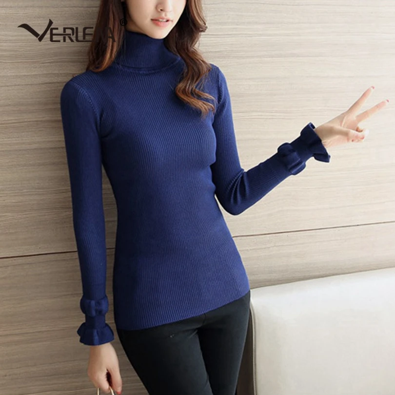 Verlena 2019 Soft Turtleneck Basic Women Sweater Long Sleeve Rib Stretch Knit Black Pullovers Ruffle Flare Cuff Autumn Jumper | Женская