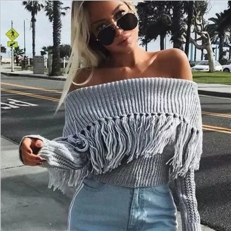 Wicky Autumn Winter New Solid Color Sweaters One Word Neck Long Sleeve Tassel Sexy Temperament Wild Sweater Female | Женская одежда