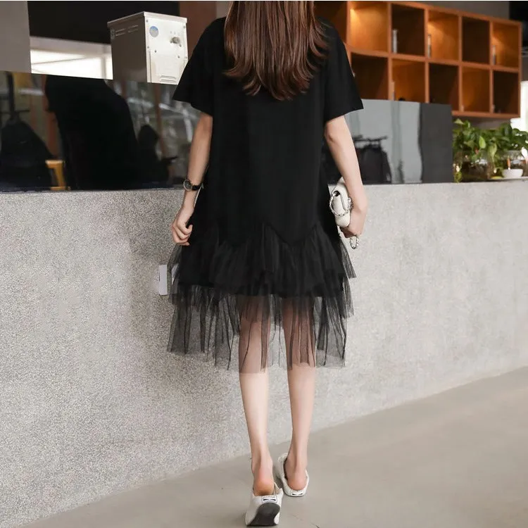 Женское Сетчатое платье средней длины в Корейском стиле пэчворк черное с