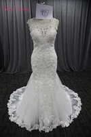 new lace mermaid wedding dress scoop neckline pearls sequin beaded 50cm length trailing bridal marry tulle wedding gown