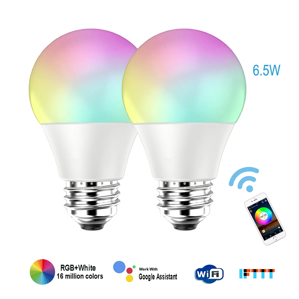 2 шт. Wi-Fi лампа умный Диммируемый светодиодный RGB лампа E27 E26 многоцветный голос Пробуждение памяти светильник совместимый с Alexa Google Assistant