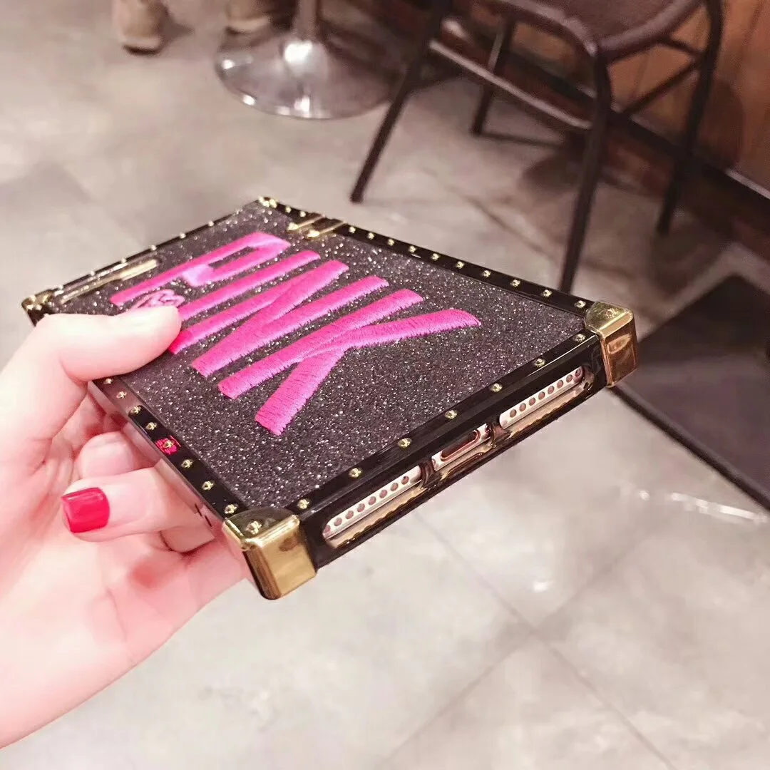 Luxury Embroidery 3D PINK Soft Case for iphone 6 6s 7 8 7Plus Glitter Metal Square Phone cover Cases iPhone X XR XS MAX Plus |