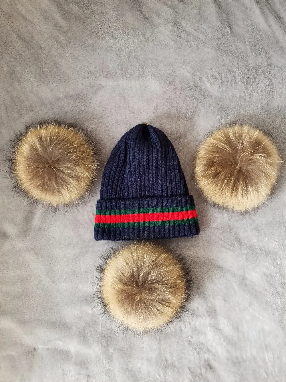 Серая норковая шарик из меха енота шапка помпоны зимняя женская девочка Вязаная