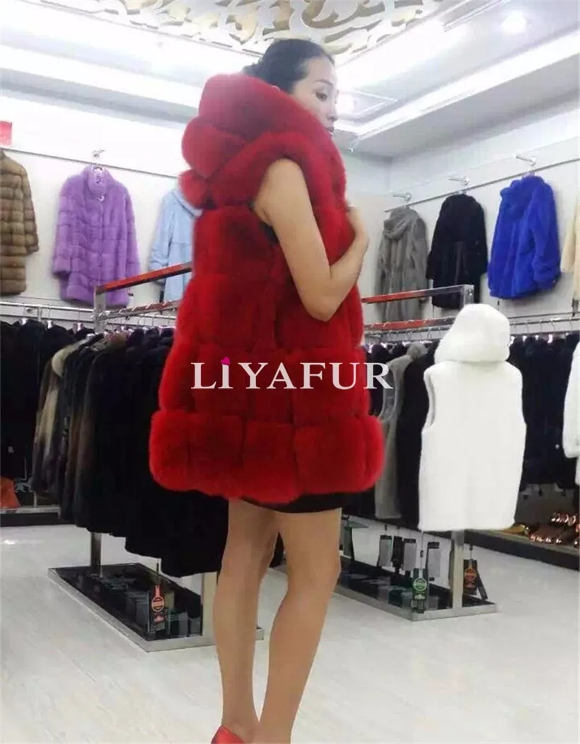 Liyafur натуральная толстый натуральный синий Лисий Мех зимний длинный жилет с капюшоном для Для женщин- в форме Мех-жилет пальто