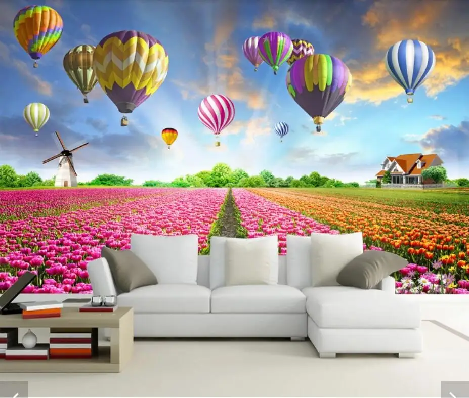 3D Hot Air Balloons Tulip Flower Wall Paper Mural for Kids Bedroom Floral Art Decor 3d Home Wallpaper Landscape Murals | Обустройство