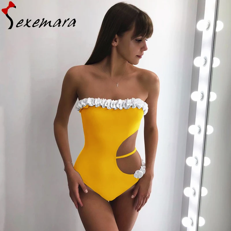 Женский купальник в стиле пэчворк с цветочным рисунком желтый цельный красное