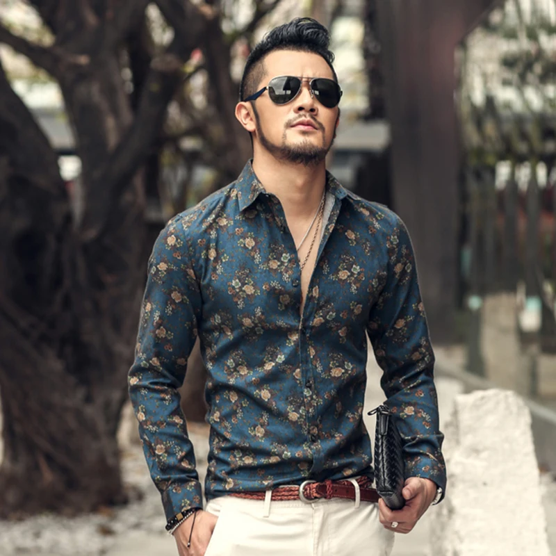 Рубашка мужская приталенная с цветочным принтом хлопок модная повседневная в