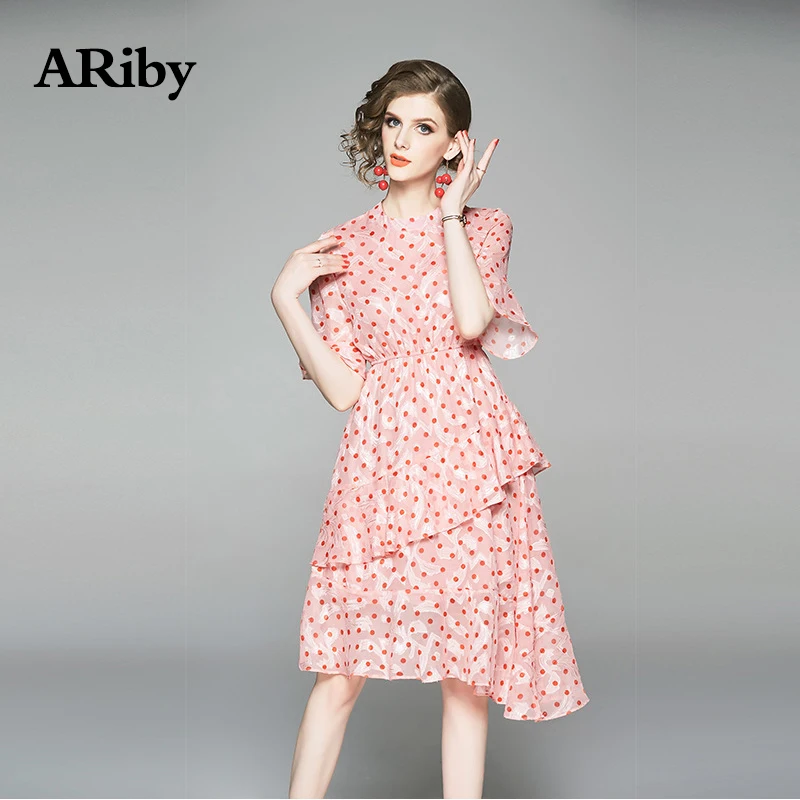 ARiby женское платье Элегантное летнее платье женское французское ретро платье с асимметричным принтом красное платье в горошек с оборками и круглым вырезом по колено
