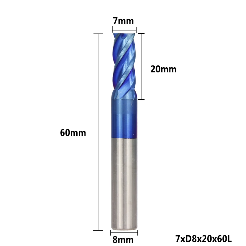 7XD8X20X60L 1pc 1-12mm HRC 50 Carbide End Mill 4 Flutes CNC Router Bit Nano Blue Coated Spiral Engraving Bit End Milling Cutter - Длина режущей кромки: 7XD8X20X60L