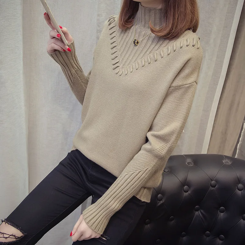 Autumn Winter Women Sweater 2018 New Half-High Collar Pullover Female V Loose Thick Knit Ladies Top Cw002 | Женская одежда