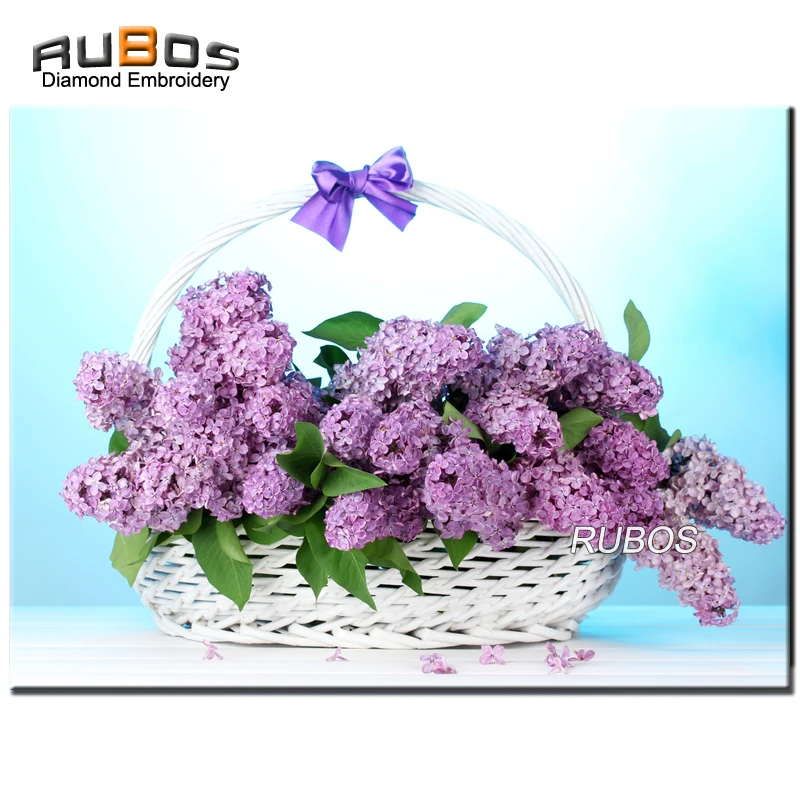 RUBOS DIY 5D Алмазная мозаика сиреневые цветы белая корзина полная вышивка 3D картина