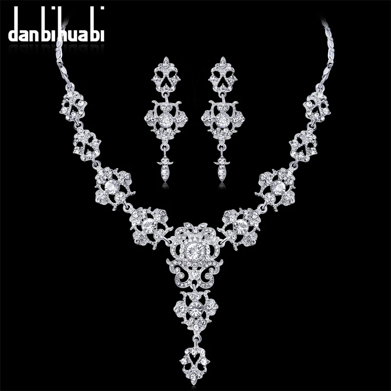 Bridal Wedding Rhinestone Luxury Fashion High Quality Bride jewelry Women Geometric Necklace Earrings Jewelry Set | Украшения и