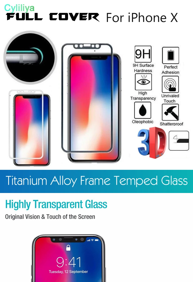 3D Titanium Alloy Frame Tempered Glass For Iphone X 5.8inch Screen Protector Full Cover Protective Film Front &amp Back 50pcs/lot |