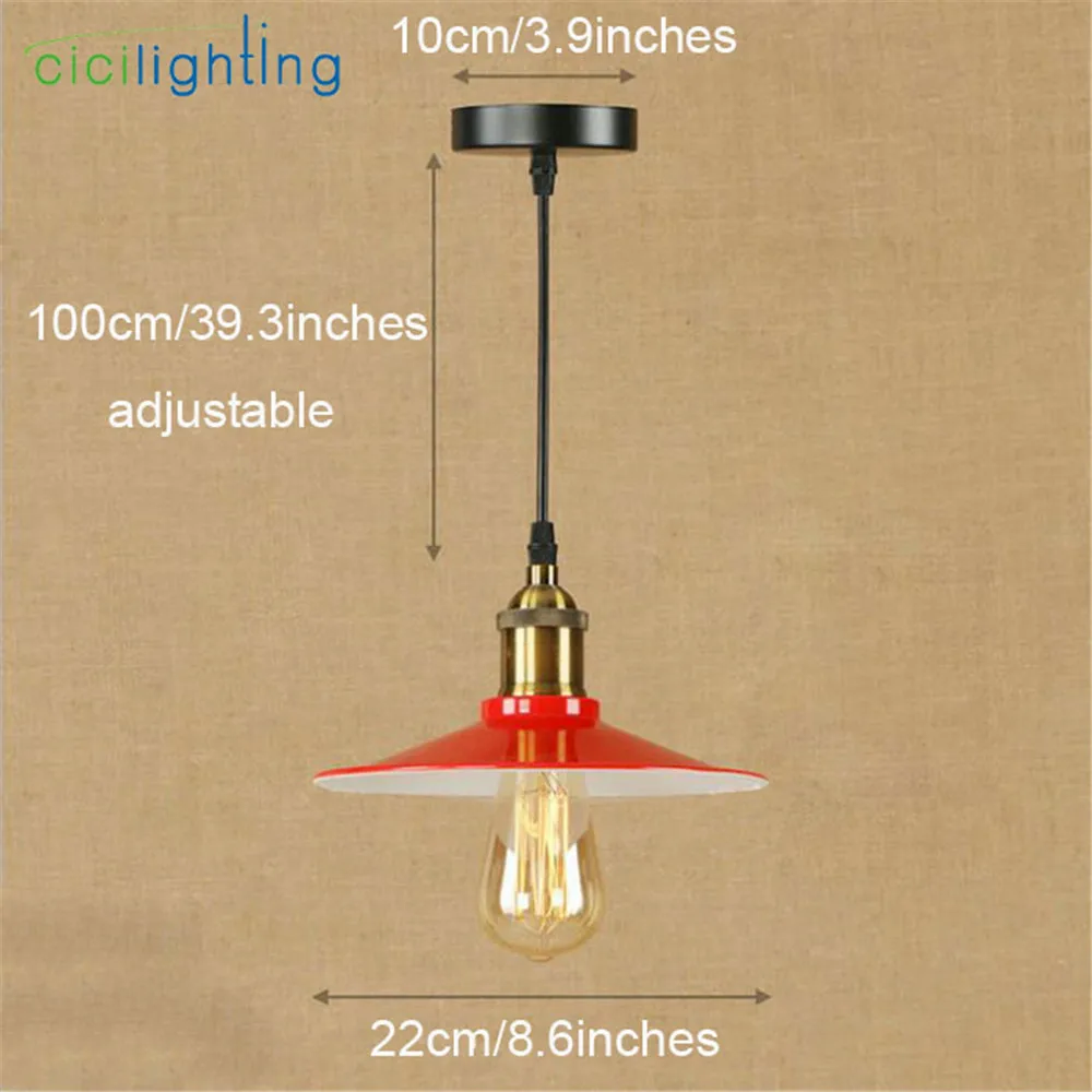 D22cm AC100-240V, винтажный железный подвесной светильник, промышленный светильник, красная крышка, абажур, подвесной светильник, E27, бар, кафе, ресторан - Цвет корпуса: D22cm