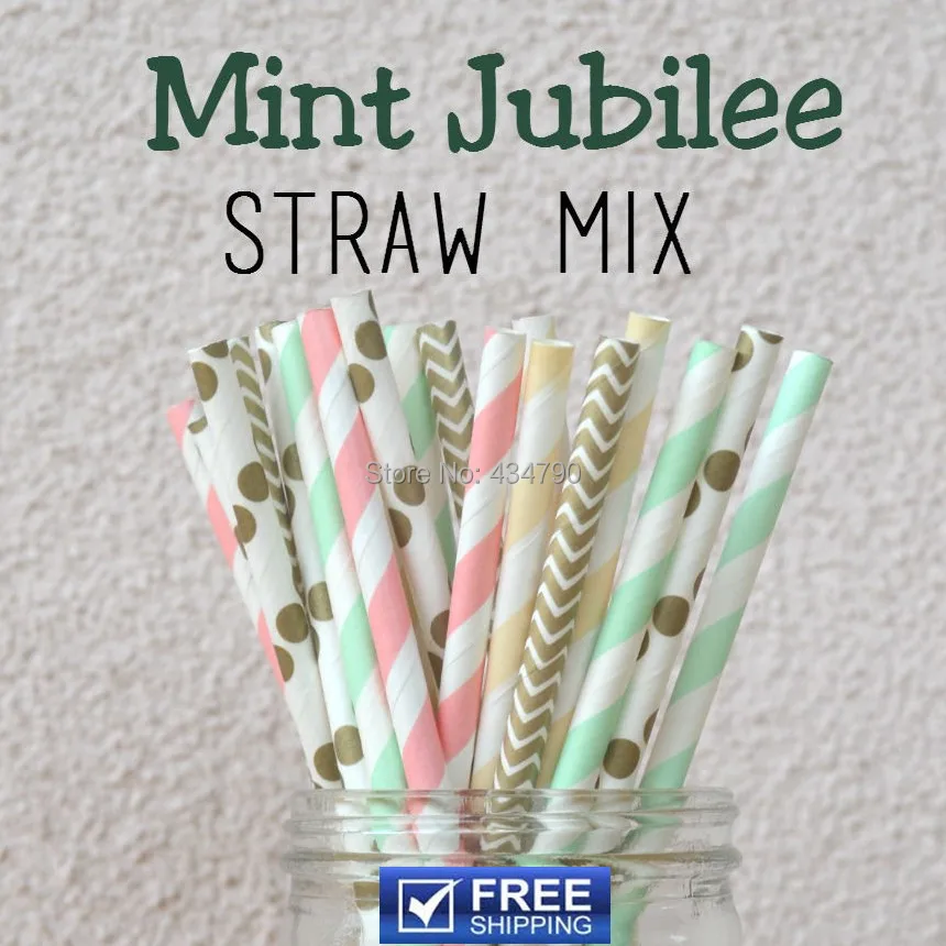 

250pcs Mixed 5 Designs Baby Pink Gold Mint Cream Wedding Paper Straws - Mint Jubilee Party Supplies -Polka Dot, Chevron, Striped