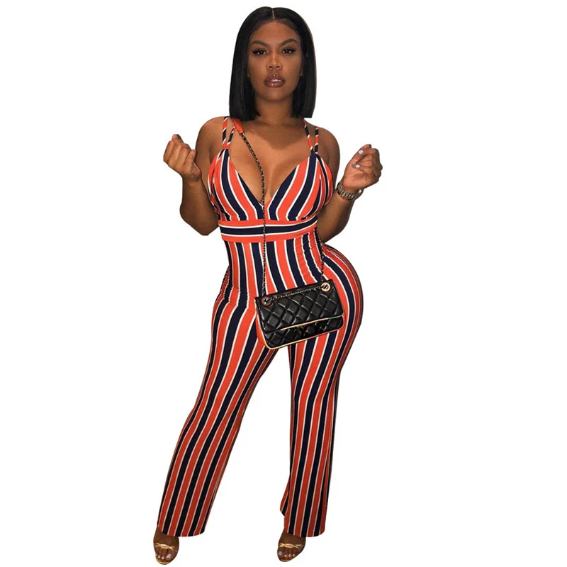 Женский 2018 полосатый комбинезон Горячая сексуальная Клубная одежда с вырезом на