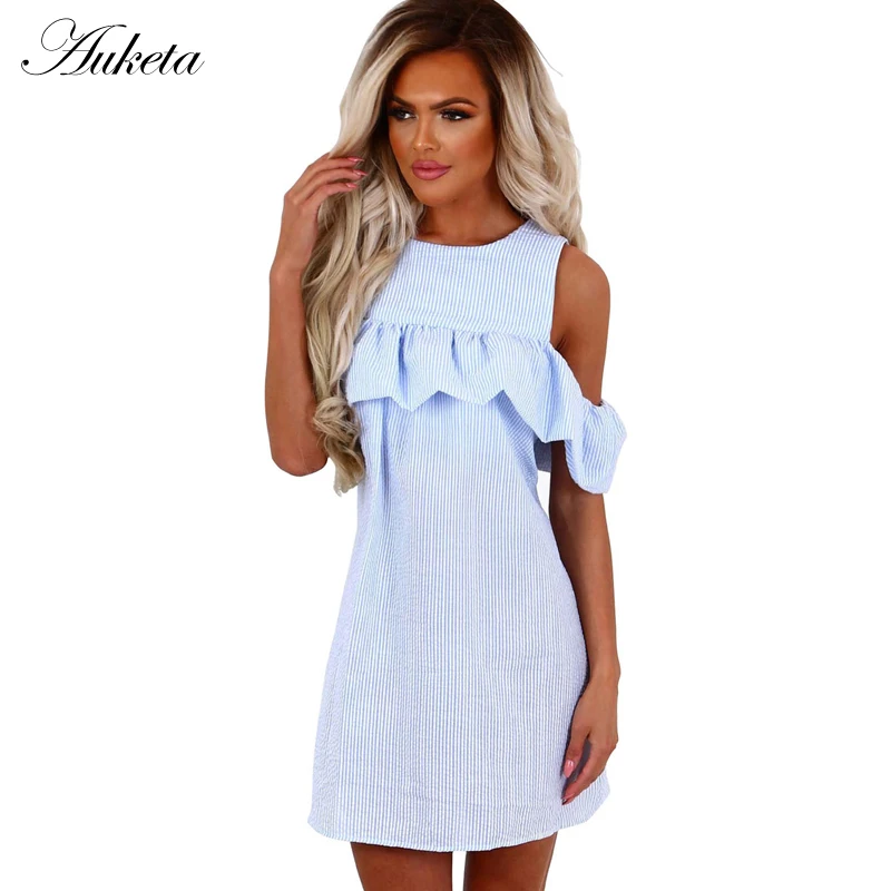Auketa в полоску с открытыми плечами модные платья Женщины оборками круглым вырезом