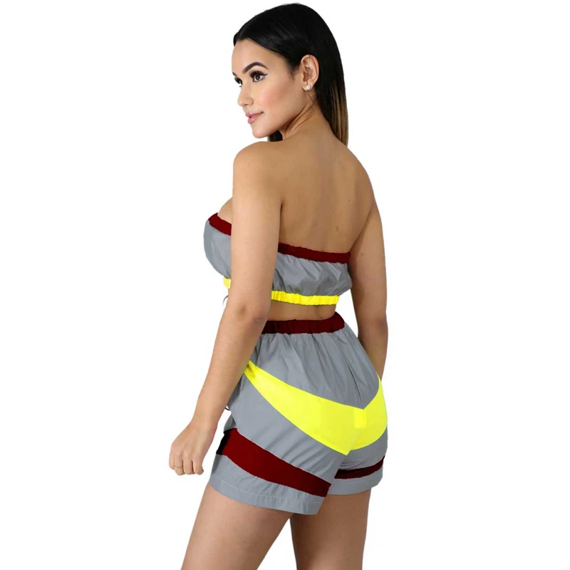 Contrast Color Fashion Woman Two Pieces Suit Hot Sexy Off Shoulder Strapless Crop Top Mini Short Pants Windbreaker Style | Женская
