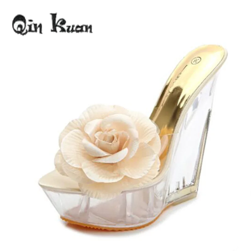 

Women Shoes Transparent Ultra High Heels Slippers Shaped Resin Flowers Ladies Platform Wedges Shoes Size 34-40