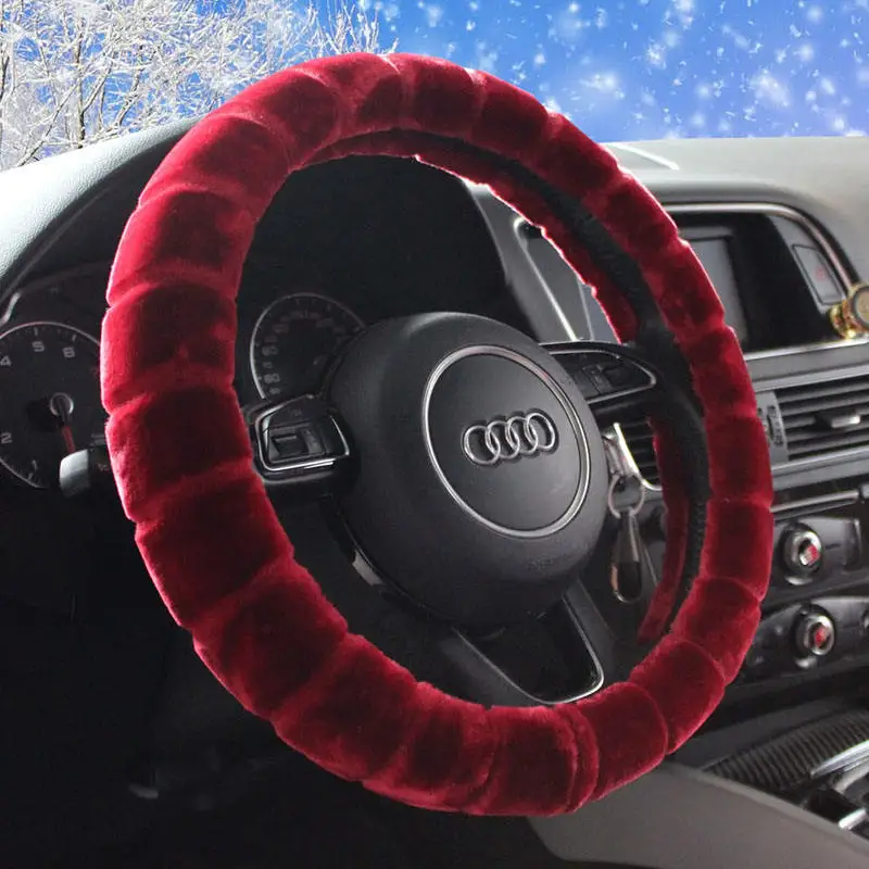 red DIY плюшевый чехол рулевого колеса автомобиля Черный Серый Бежевый Коричневый желтый, ступицы рулевого колеса, меховая крышка рулевого колеса - Название цвета: red