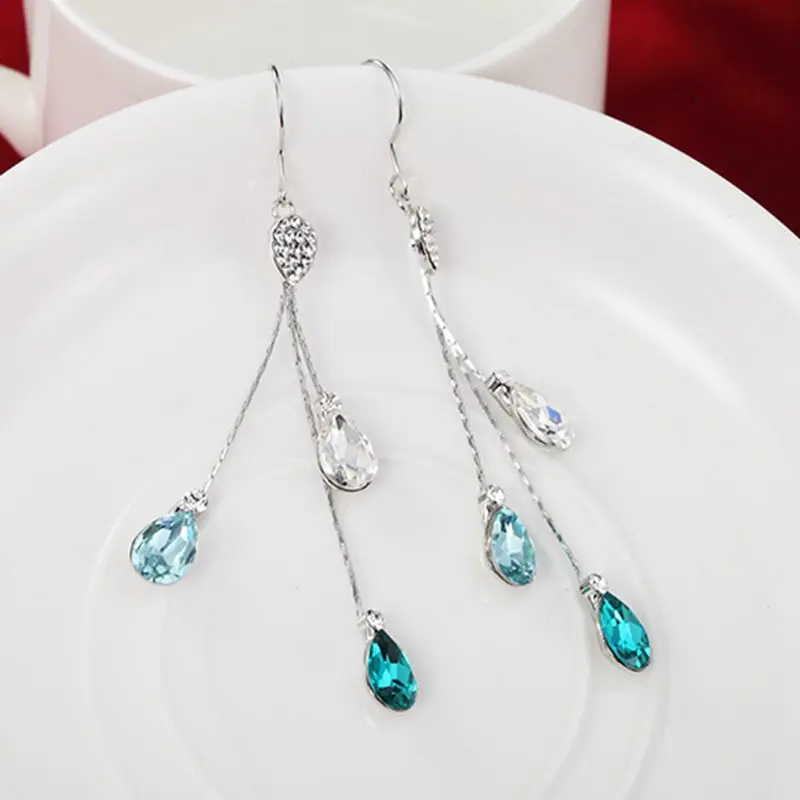 Женские серьги подвески с бело голубыми кристаллами Hemiston ювелирные изделия
