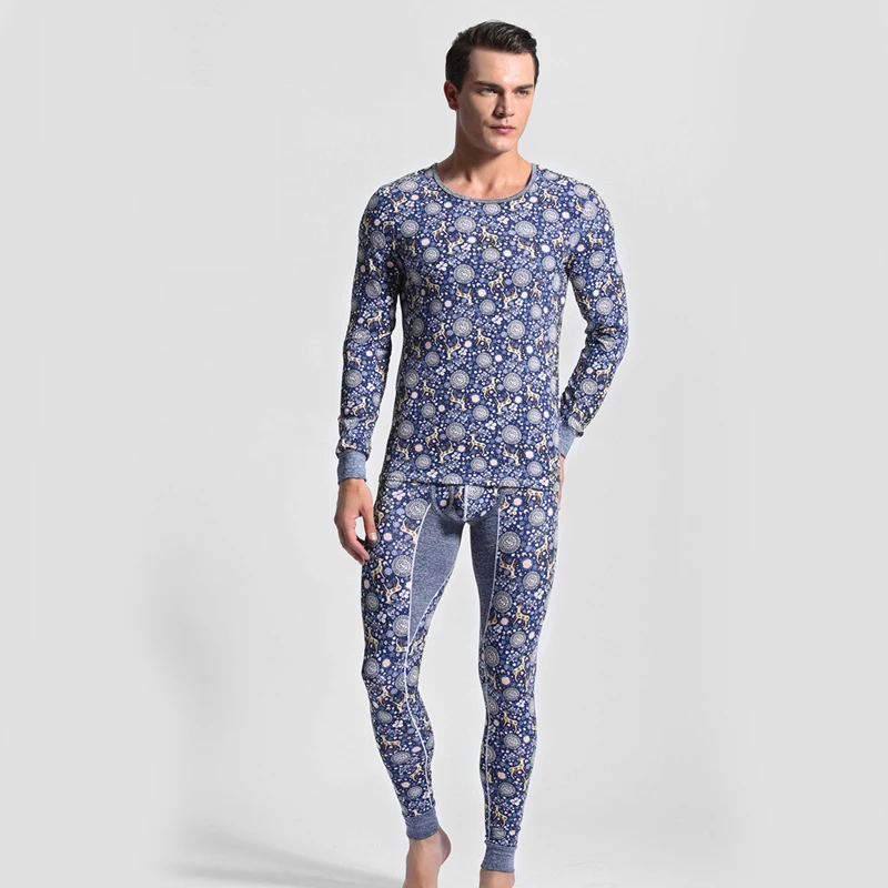 Мужской комплект теплого нижнего белья хлопковые базовые Леггинсы с принтом и
