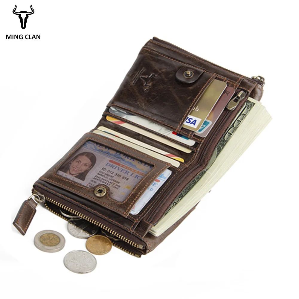 Mingclan Genuine Cowhide Leather Men Wallet Short Coin Purse Small Vintage Wallets Brand High Quality Designer Zipper Pocket