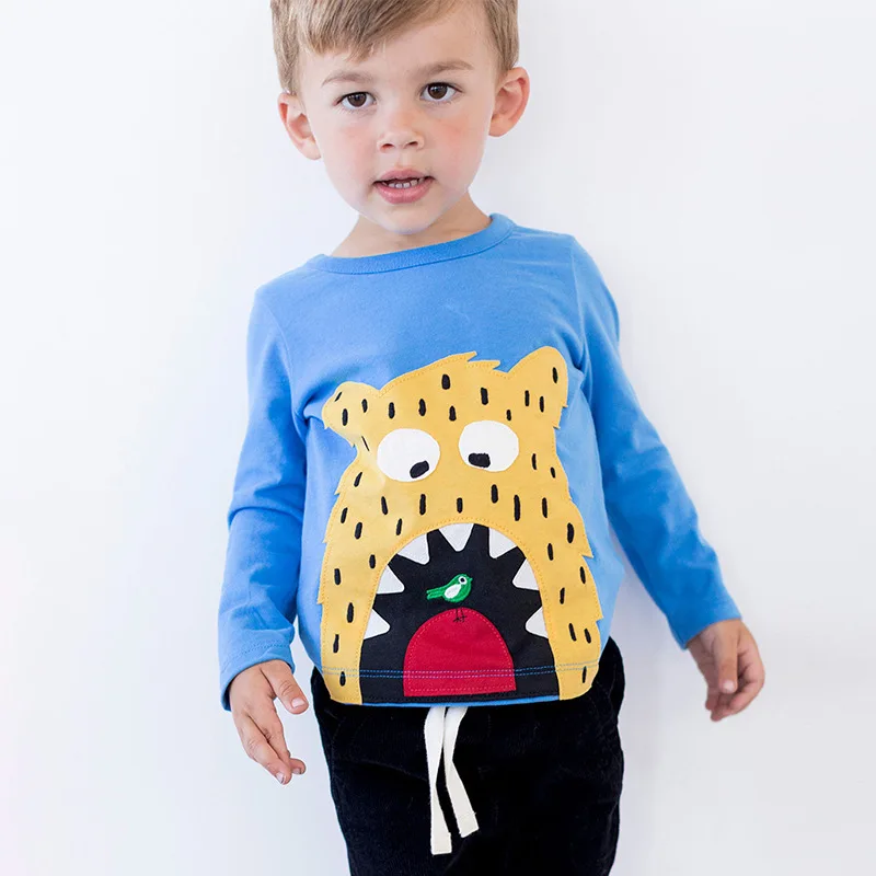 

Little Maven New Autumn Spring Children Leopard Applique Blue Full- sleeved O-neck Quality Cotton Knitted Boys Casual Tshirt