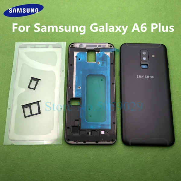 Черный Для samsung Galaxy A6 Plus A6+ A605 A605F средняя передняя рамка полный корпус задний Чехол Рамка держатель рамка задняя крышка Дверь - Цвет: Черный