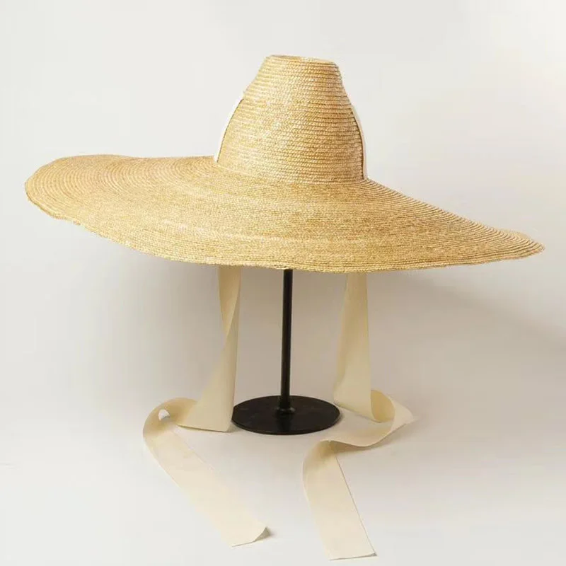 Women Natural Woven Giant Straw Hat Big Brim Floppy Sun Hat High Top Ribbon Band Giant Jumbo Sombrero Hat Adult Summer Beach Hat