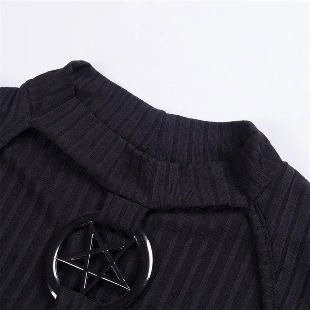 Готический Стиль короткий топ тонкий черный полый майка Для женщин осень Лидер