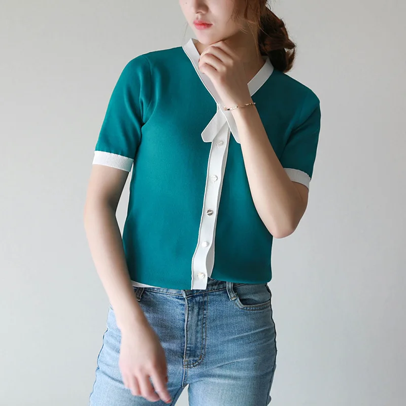 Summer Autumn pearl beading Cardigan Women Chic Style Knitted Blouses Short sleeve Shirt V-neck patchwork Blusas B-117 |