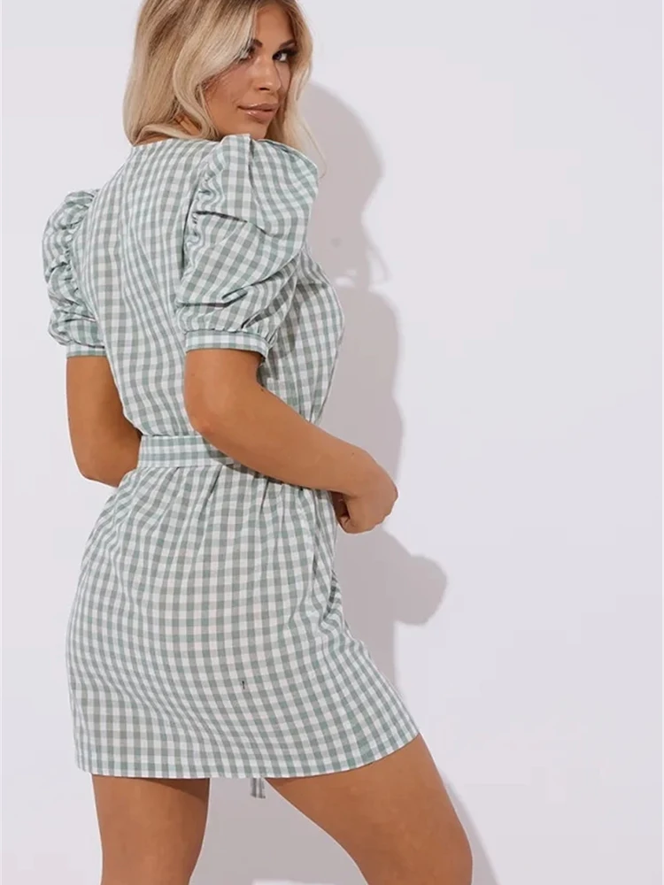 Летнее женское Бандажное платье с коротким рукавом фонариком и v образным