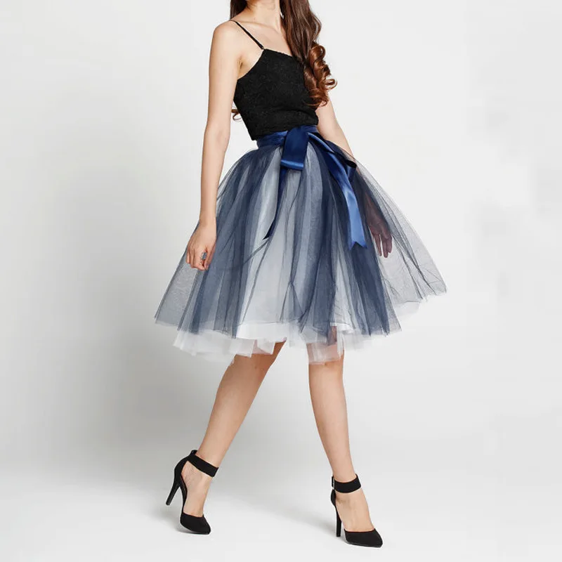 Navy Blue White Коричневая фатиновая юбка с высокой талией, Женская длинная юбка принцессы с эластичной резинкой на талии для девочек, секретная пушистая юбка-пачка, Femme, Вечерние - Цвет: Navy Blue White