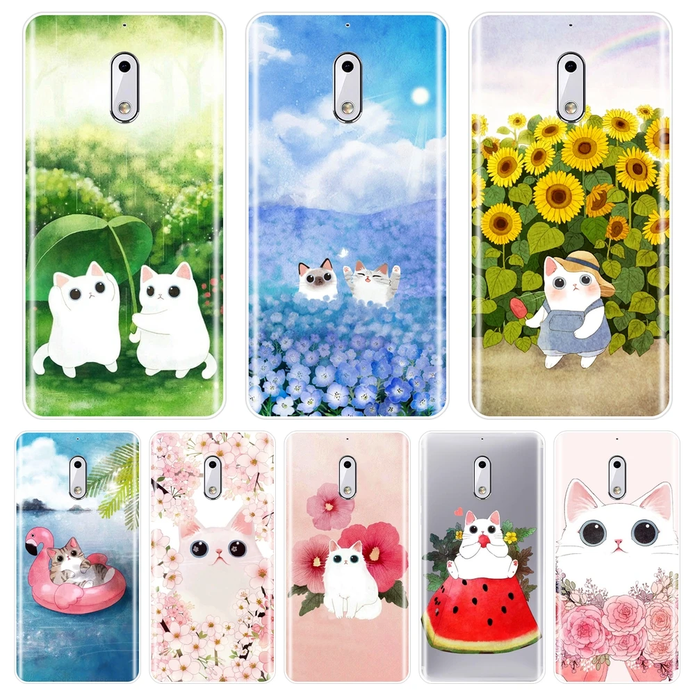 Чехол для Nokia 7 Plus X6 Kawaii кошка цветок Подсолнух симпатичный синий розовый