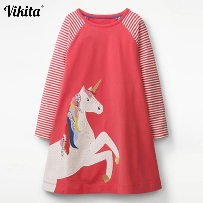 VIKITA Girls Christmas Dresses Kids Animal Cartoon Clothing Children Striped Long Sleeve Dress for Girl | Детская одежда и обувь