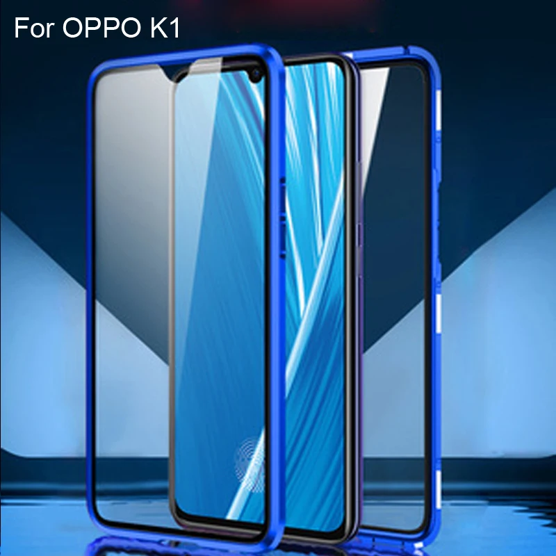 

Luxury Magnetic Adsorption Case For OPPO K1 k1 Metal Frame Clear Tempered Glass Cover For OPPO K 1 Magnetic Flip Cases OPPOK1
