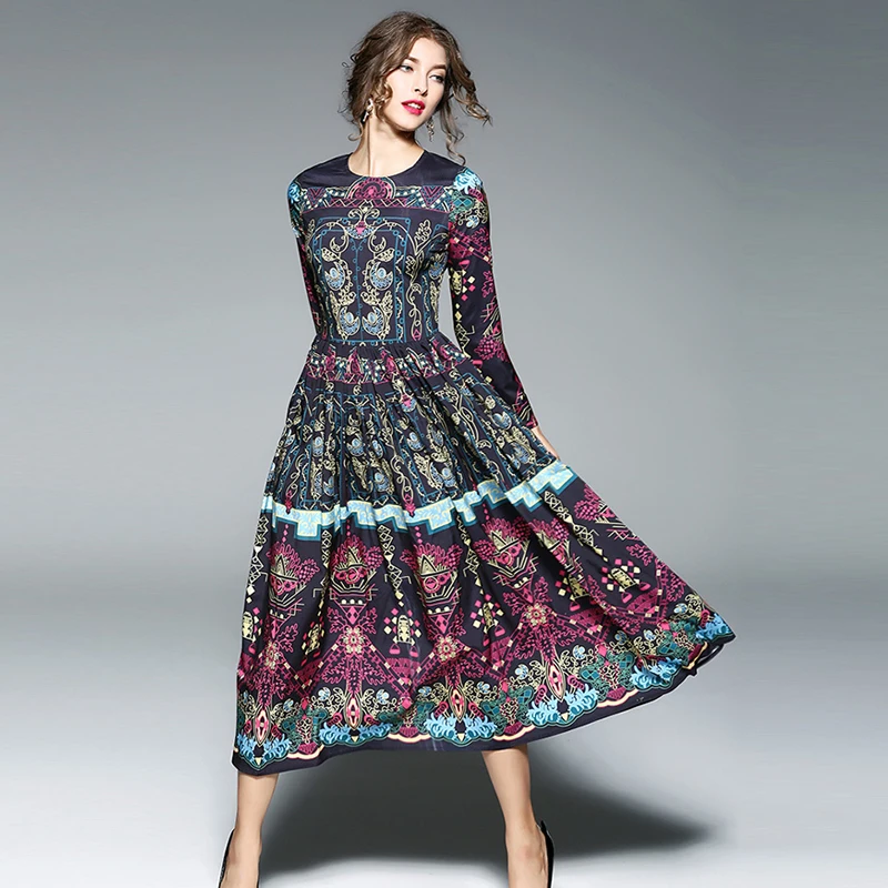 Осень 2017 женское винтажное платье с принтом высокое качество круглый ворот