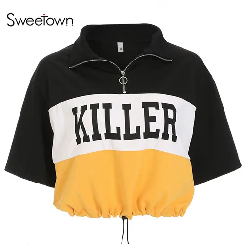 black Sweetown Осень корейский стиль Oversize-футболка Повседневное Для женщин короткий рукав футболки милые полосатые печатные хиппи Растениеводство Топ Футболка - Цвет: black