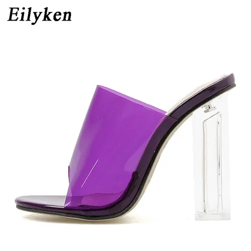 Purple Eilyken/женские шлепанцы; Цвет фиолетовый, желтый; ПВХ; прозрачные высокие каблуки; летние шлепанцы; босоножки; Туфли-лодочки; размер 42 - Цвет: Purple