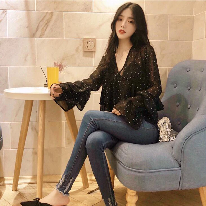 Летние шифоновые блузки Милая женская рубашка с оборками V образным вырезом