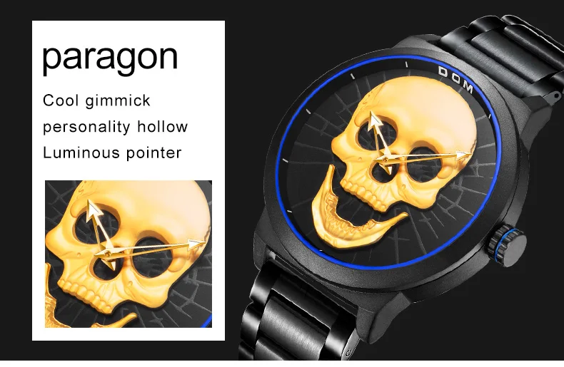 Мужские часы DOM Cool Bone, роскошный бренд, M-1231, креативные часы, черные мужские часы, Череп, стиль, кварцевые мужские часы, relogio masculino