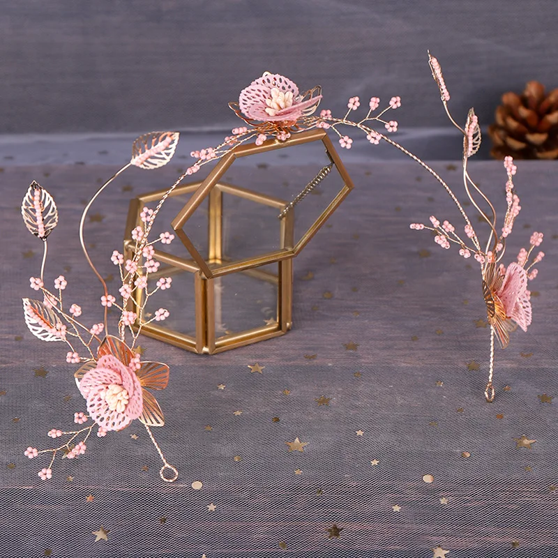 pink rose flower hairbands earrings Bride Jewelry New Korean leaf hoop head wear Earrings Set Wedding hair jewelry | Украшения и