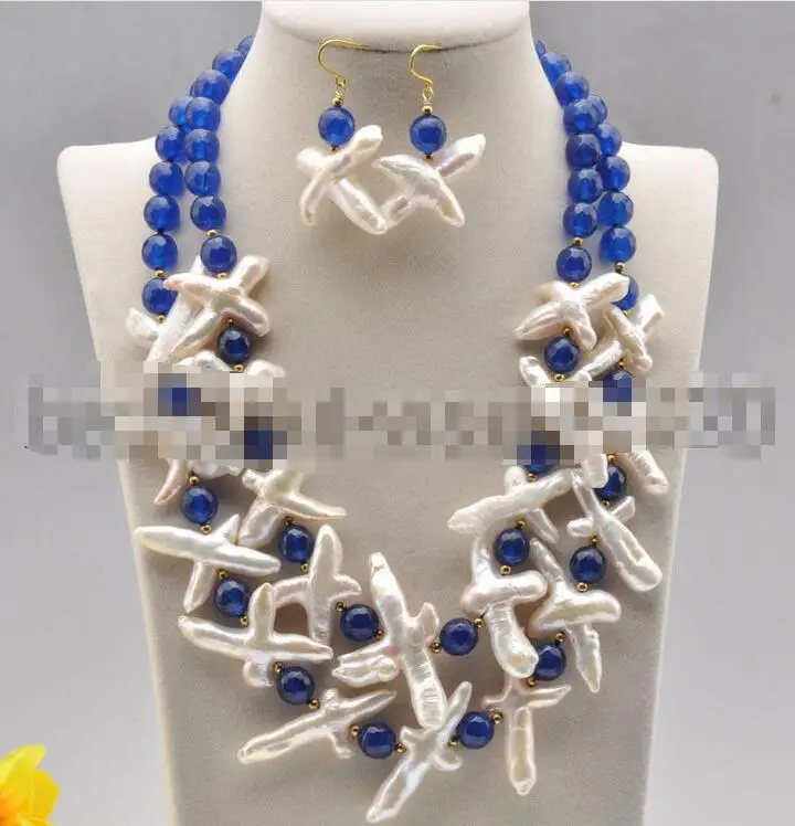2 ряда Белый крест жемчужное ожерелье из голубых бусин серьги набор 20 дюймов |