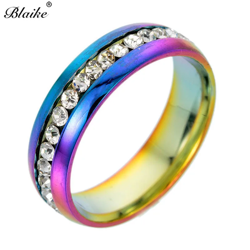 Colorful Blaike Циркон в один ряд Кристалл нержавеющая сталь кольца для мужчин и женщин мода золото/серебро/черный/синий/Радуга Кольцо женские ювелирные изделия - Цвет основного камня: Colorful