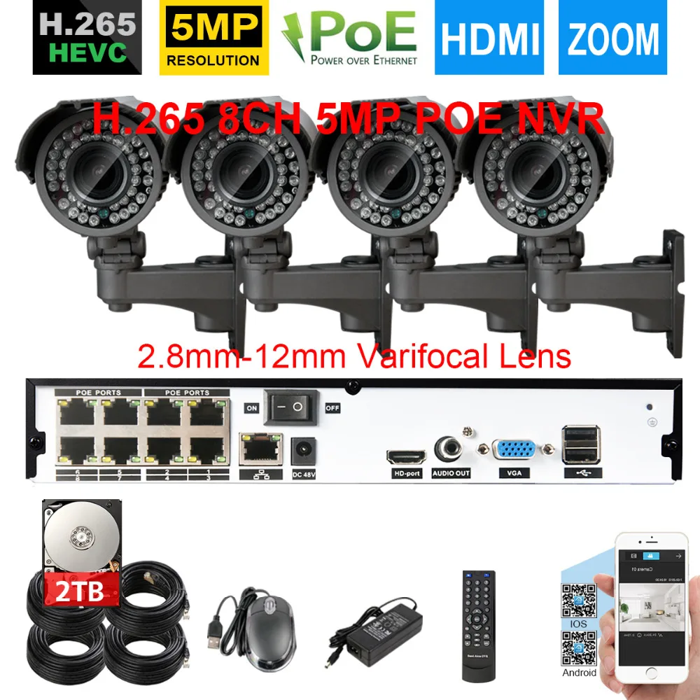 H.265 8CH POE NVR Системы 4 шт. 5Mp 2592X1944 безопасности Открытый Onvif Камера 2 8 мм 12 зум